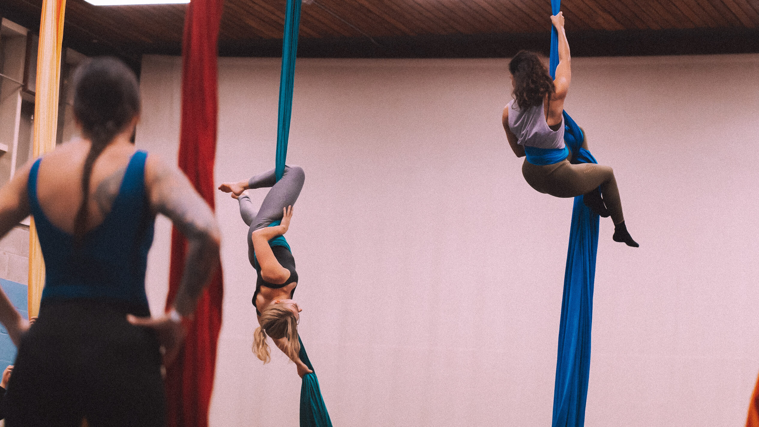 Aerial silks students training in Europe.